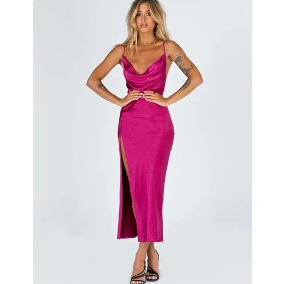 Princess Polly | Dresses | Princess Polly Burgundy Satin Midi Side Slit  Dress Nwot | Poshmark